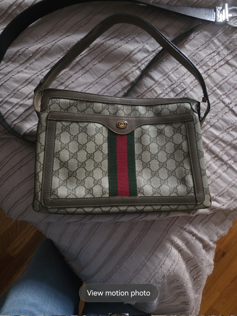 Gucci Beige GG Supreme Messenger Bag with Green-Red Stripe